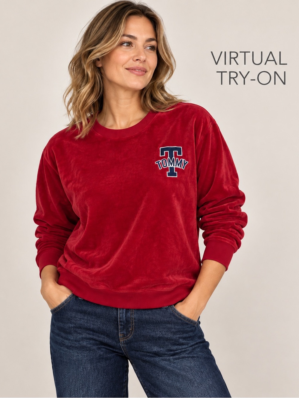 Tommy Hilfiger Red Velour Sweatshirt Women XL Embroidered Logo Crewneck